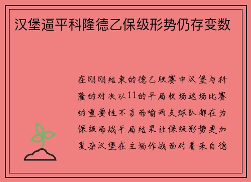 汉堡逼平科隆德乙保级形势仍存变数