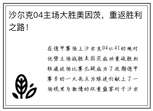 沙尔克04主场大胜美因茨，重返胜利之路！