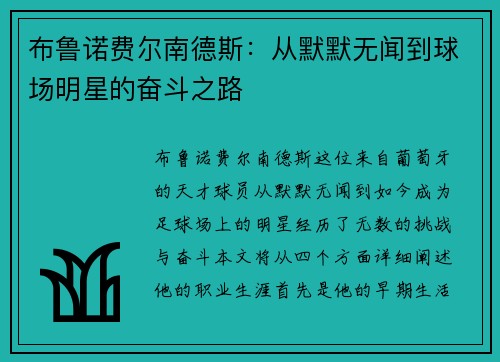 布鲁诺费尔南德斯：从默默无闻到球场明星的奋斗之路